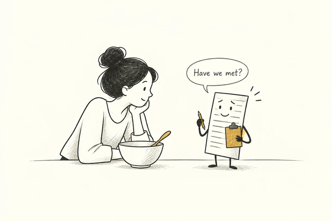 A friendly cartoon food label with a clipboard asks a woman at lunch, “Have we met?”