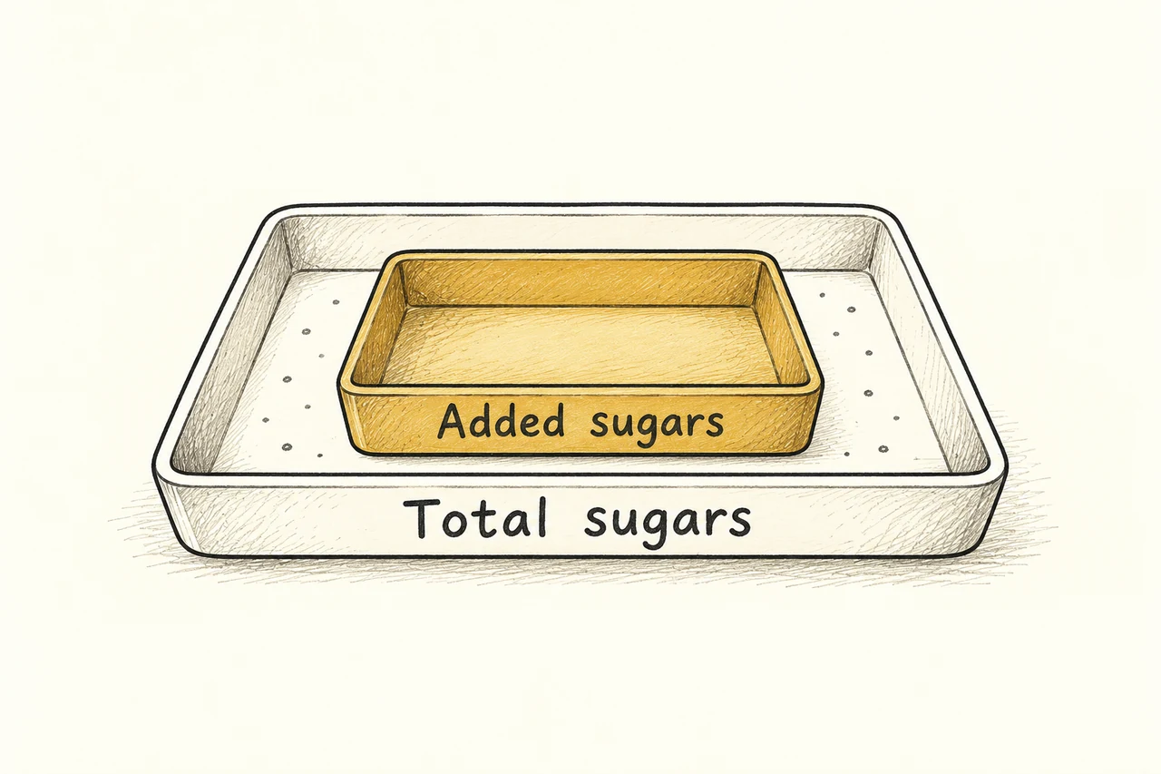 A small gold tray labelled “Added sugars” sits inside a larger tray labelled “Total sugars.”